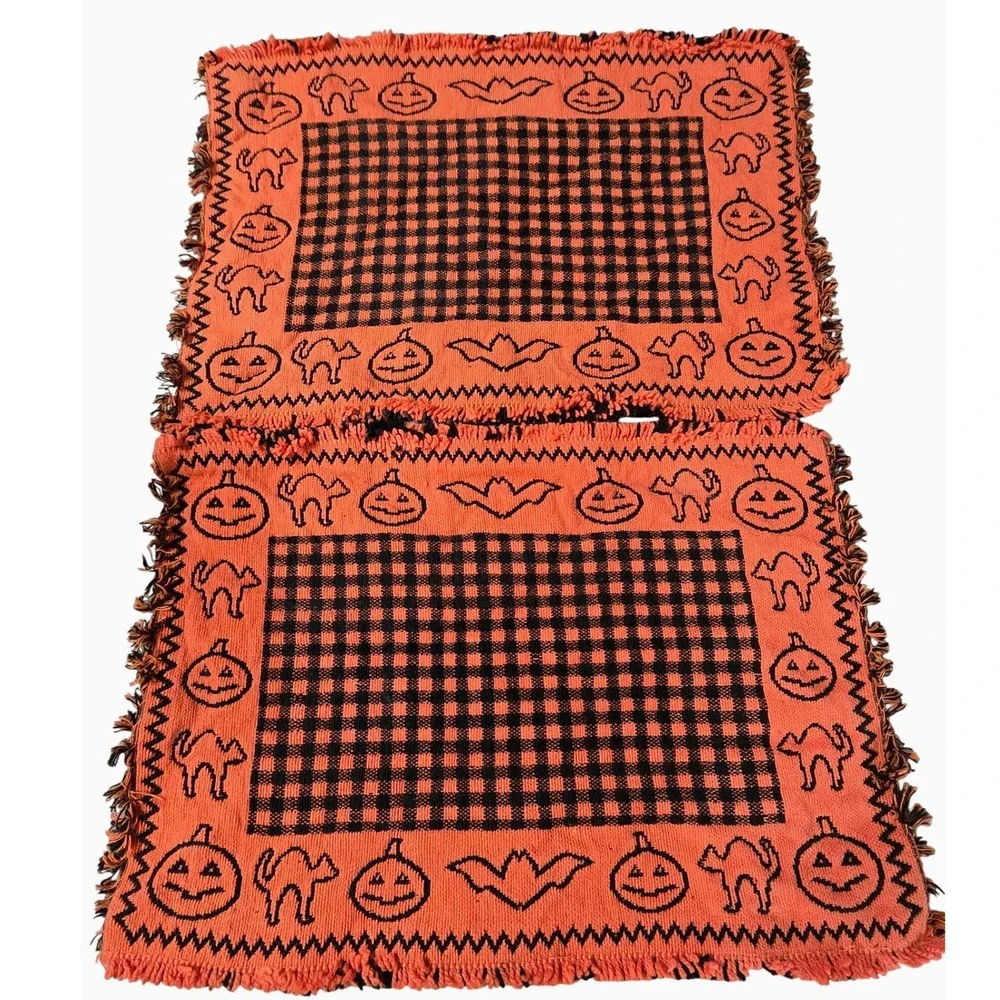 Halloween Orange Black Woven Placemats Set 2 Jack O Lantern Cat Bat Primitive